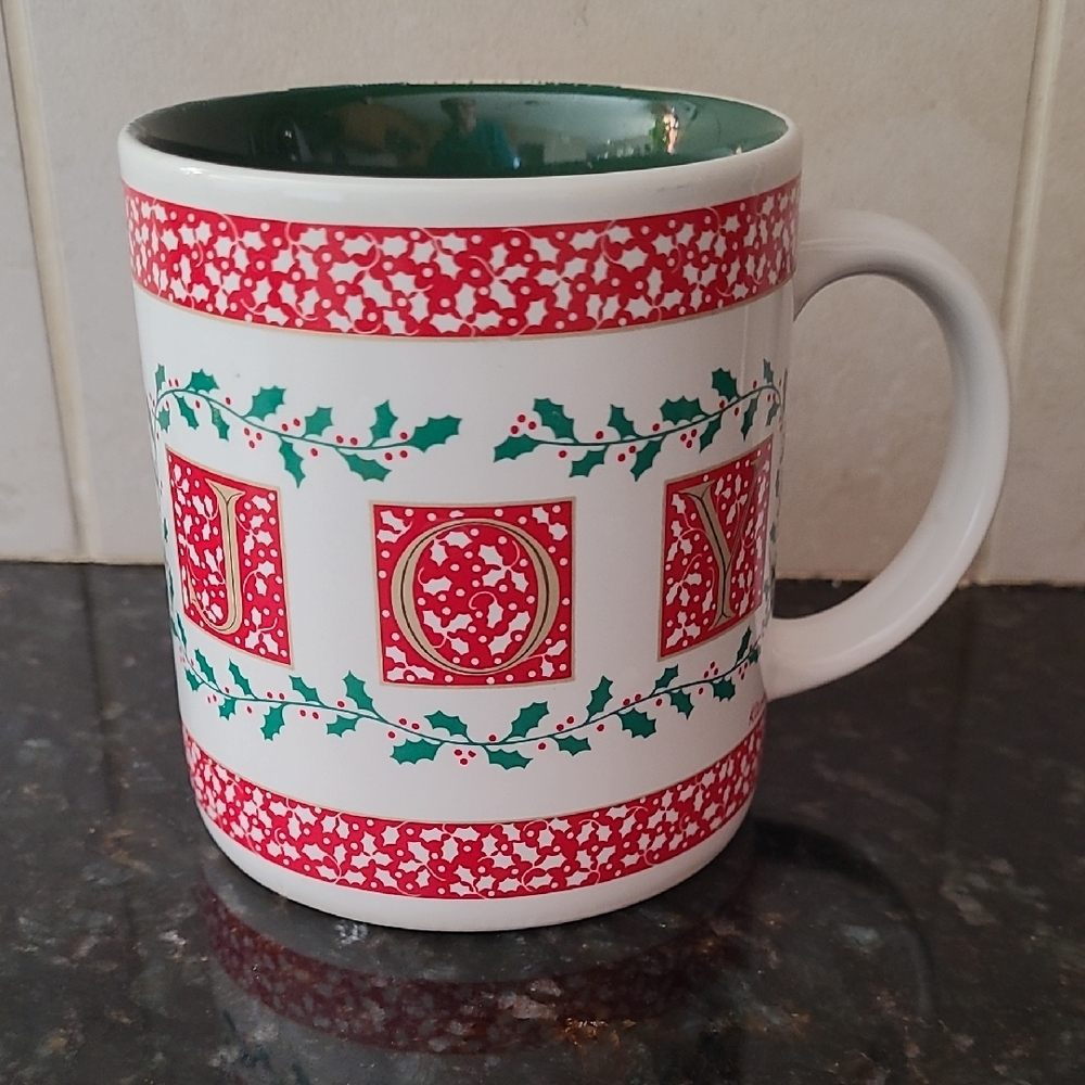 Festive Vintage Joy Mug with Red and Green Design